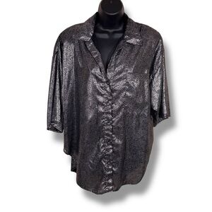 Vintage Prezzia Silver Black Medium Button Front Shirt Womens 80s Short Sleeve